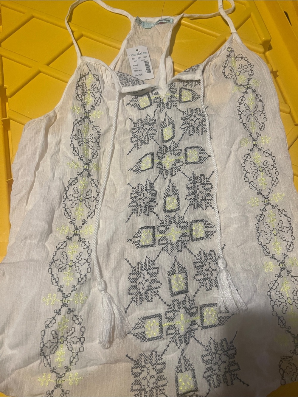 Maurices White Embroidered Peasant Tank with Neon Yellow Accents NWT